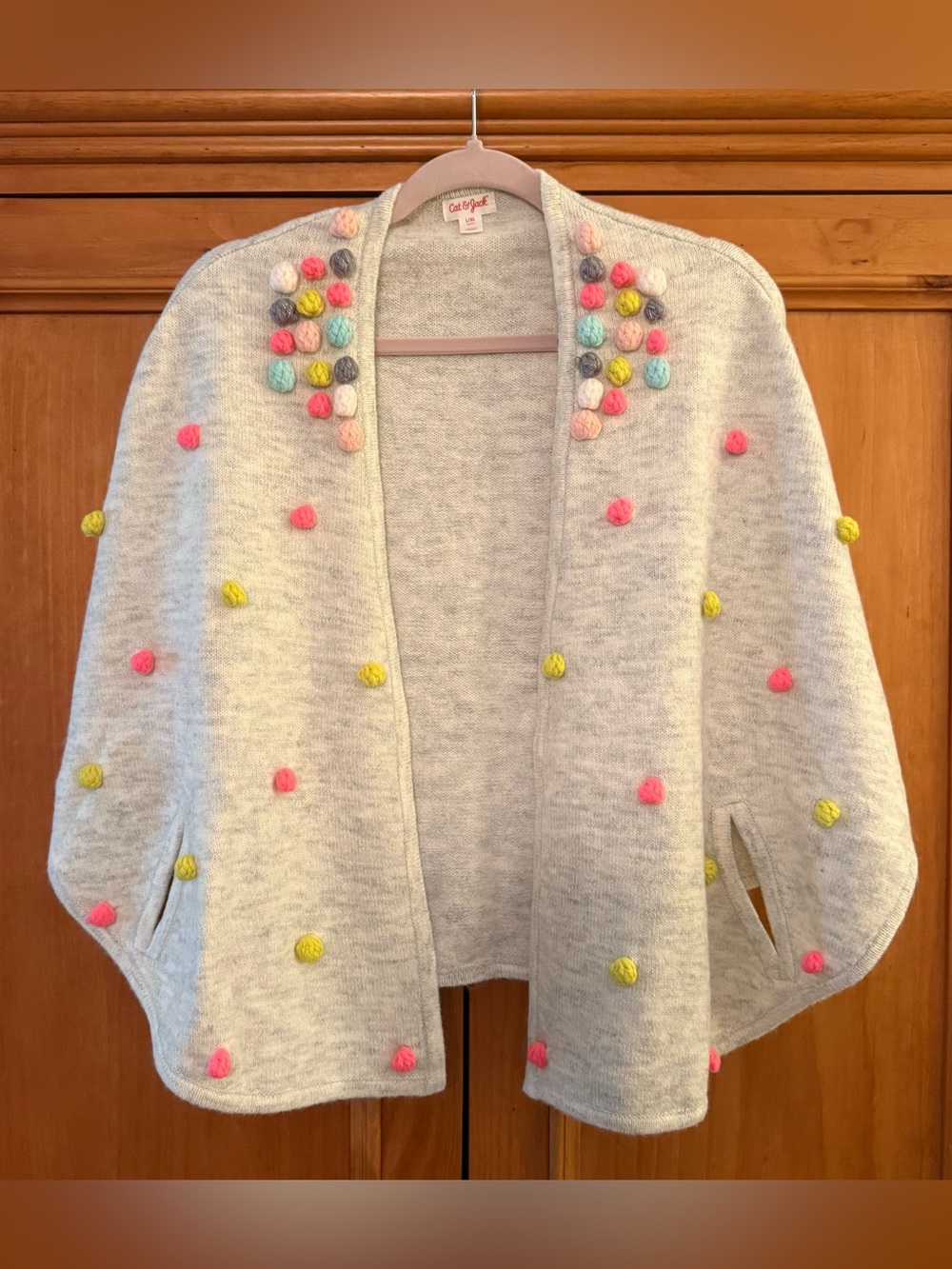 Cat & Jack Gray Sweater Poncho Shawl Wrap with Colorful Yarn Pom Pom’s L/XL